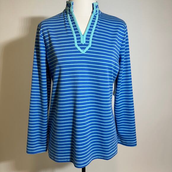 NWT Breckenridge Blue Green Striped V-Neck Blouse Womens Size Petite Medium PM - Picture 2 of 15